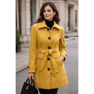 Gallery Women Mustard Yellow Belted Wool Coat M Chic Tailored Winter Bright Bold